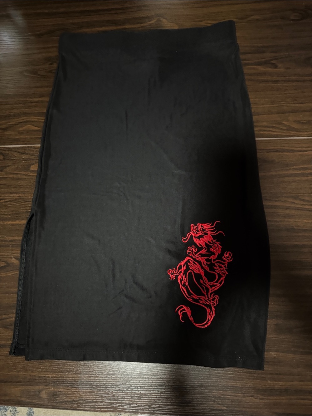 Black Pencil Skirt with Red Dragon Embroidery